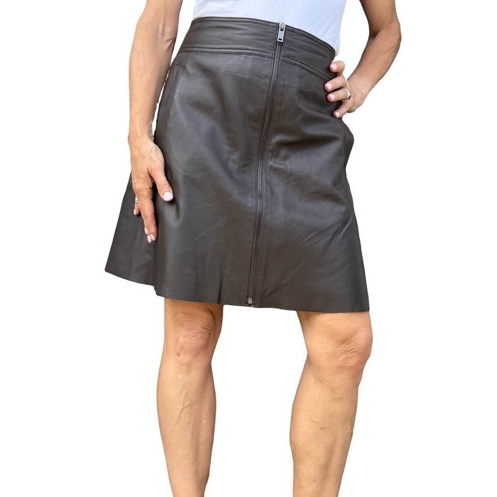Massimo Dutti Mini A Line Skirt Genuine Leather Brown Front Zip Large NWT $200 - Picture 8 of 16